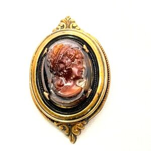 Bomaé Vintage Cameo Brooch Glass Tortoise Shell C Clasp Signed Mid Century